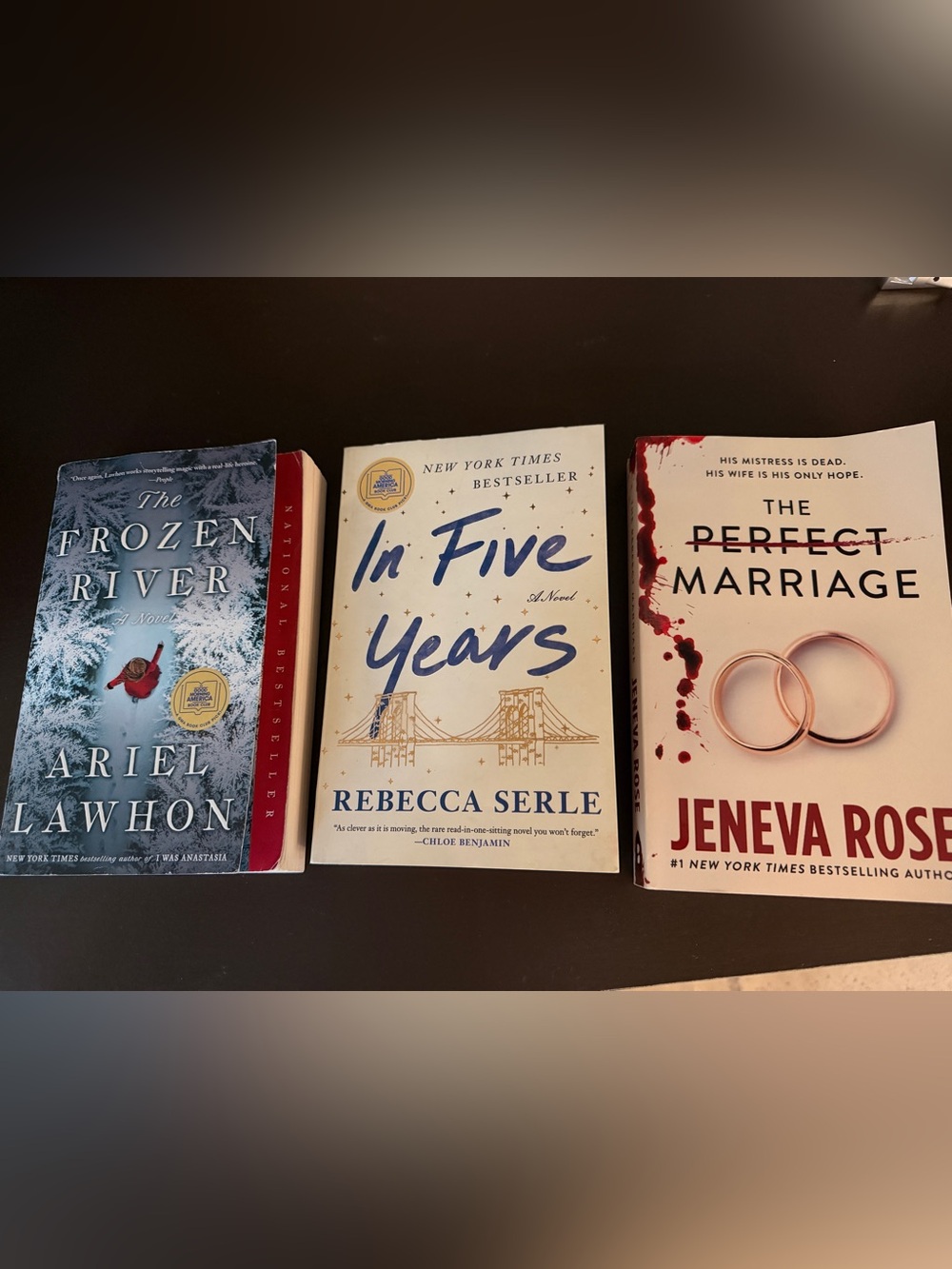 Set of 3 Paperback Novels. The frozen river, In 5 years, The perfect marriage.